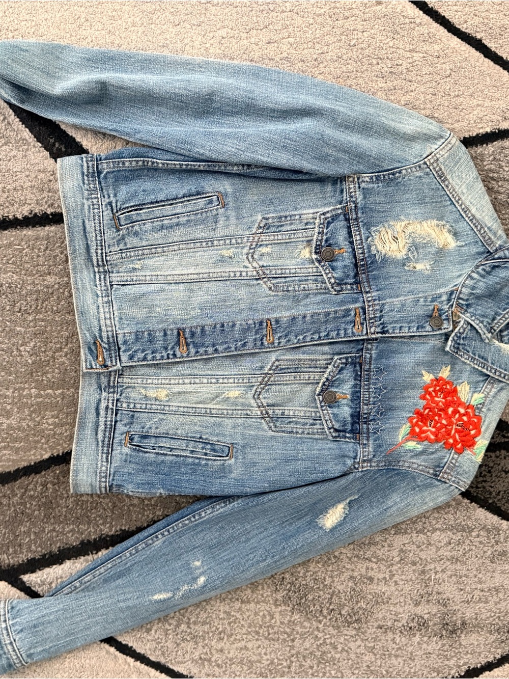 Light Blue Distressed Denim Jacket with Red Floral Embroidery